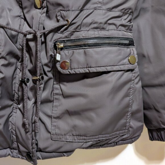 WOMEN Gray Padded Hooded Winter Jacket Sz(S) - Quilted Drawstring "Love Me Now" - Picture 7 of 10